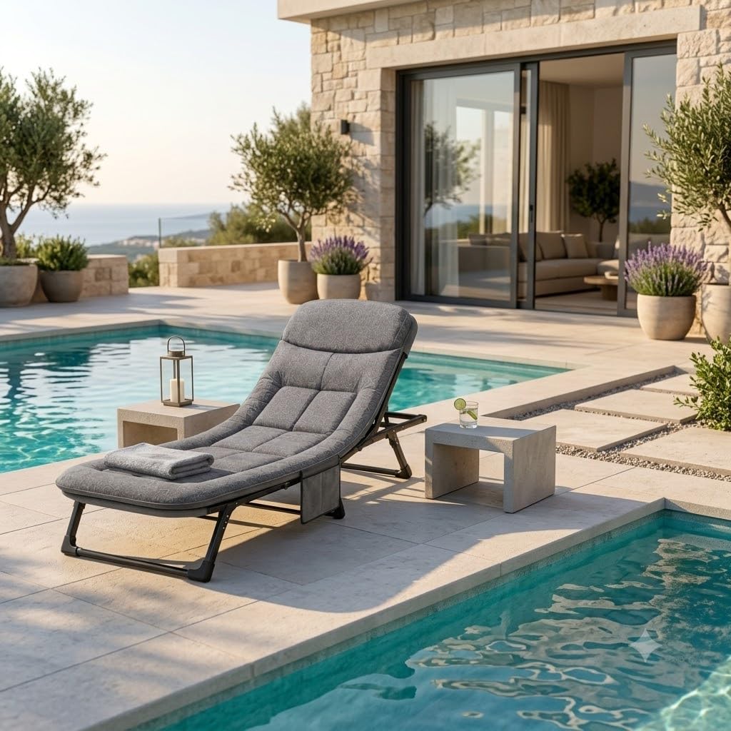 BritHaus Foldable Sun Lounger, Adjustable Reclining Garden Sunbeds with Padded Upholstered Surface & Head Pillow, Heavy Duty Steel Frame, Outdoor Patio Lounge Chair