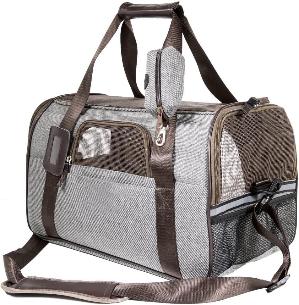 Airline Approved Soft-Sided Folding Pet Carrier, Hand Carry Portable Bag Home for little Dogs, Cats and Puppies (Multi-Grey, 44x25x28 cm)