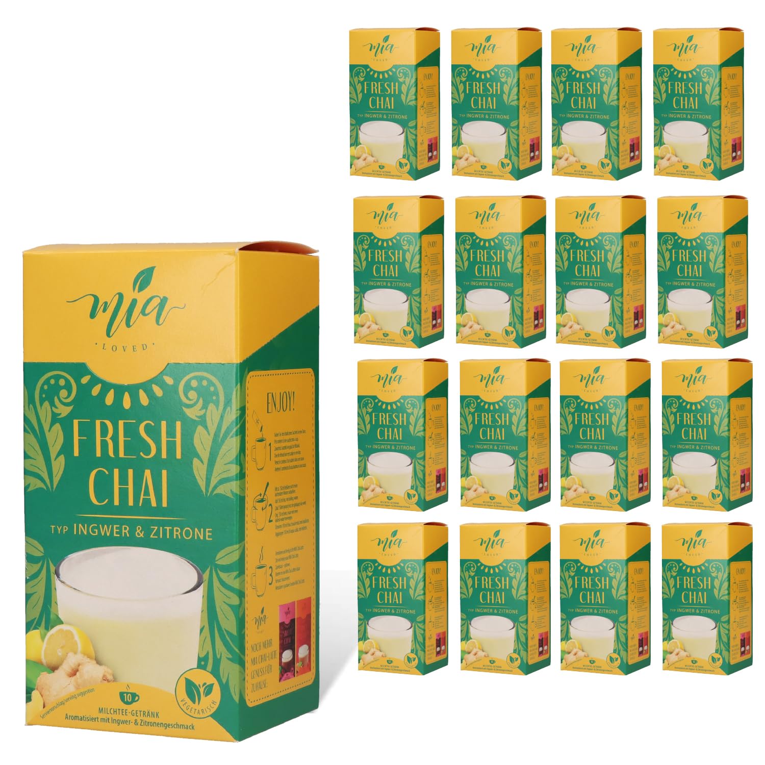 MIA Fresh Chai Ingwer & Zitrone Milchtee Getränkepulver, 16er Pack x (10 Sticks x 25g), einfache Zubereitung, löslich, 160 Tassen, Vorratspackung