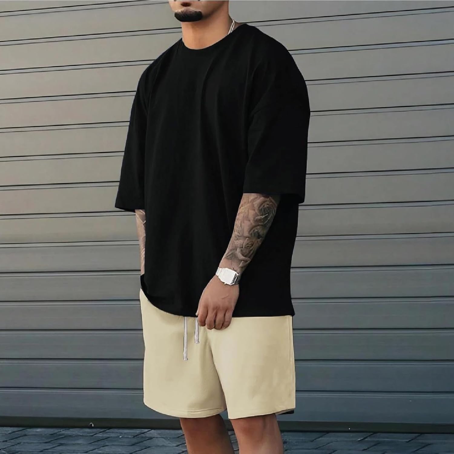 Men's Solid Color Summer T-Shirt And Shorts Set Crew Neck Loose Fit Lightweight Outfit