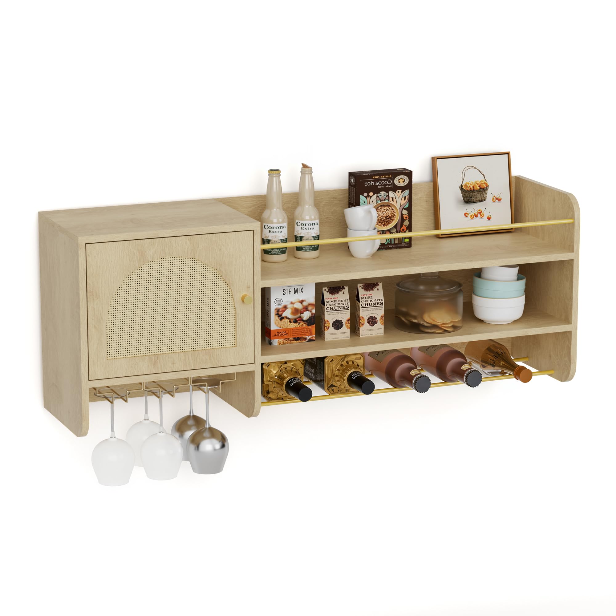 BonVache Weinschrank, mit verstellbaren Weinregalen und Glasablagen, Getränkelagerung, Küchen-Weinregal, geeignet für Esszimmer und Wohnzimmer, in Naturholzoptik
