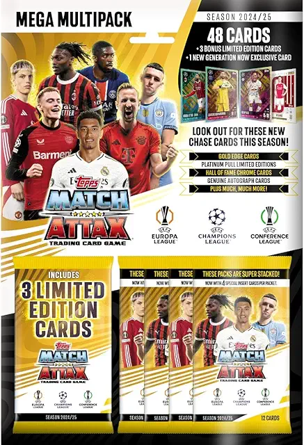Topps Match Attax 24/25 - Mega Multipack - contiene 48 carte Match Attax, 3 carte LE casuali e una "Generation Now" LE.