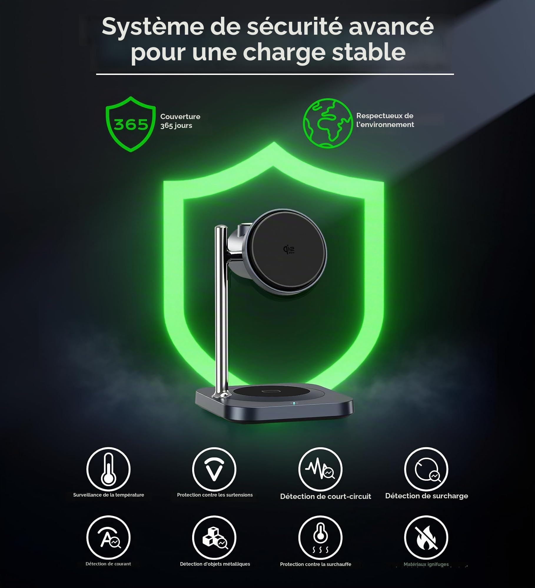 Station de charge Qi2.2 chargeur magnétique 3 en 1 25W avec ventilateur de refroidissement actif, chargeur sans fil magnétique pour iPhone 17/16/15/14/13/12, Apple Watch, AirPods (avec adaptateur 45W)