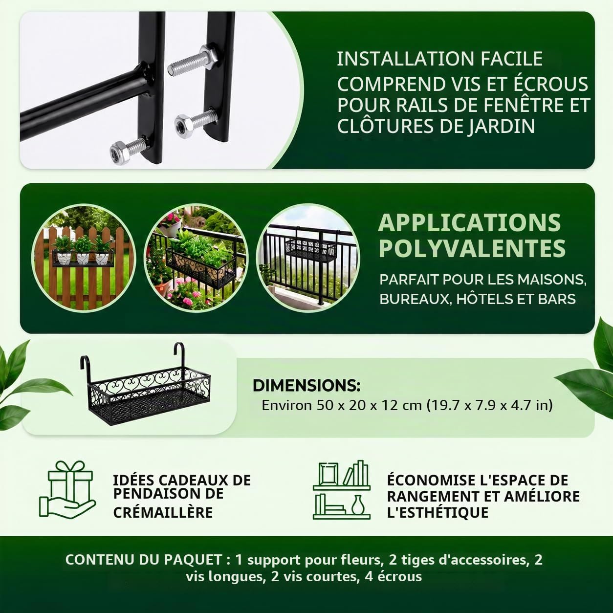 Support Pot de Fleurs, Pots Suspendus Balcon Stockage de Plantes Fer avec Crochet Amovible pour Clôture, Jardin, Mur Décor