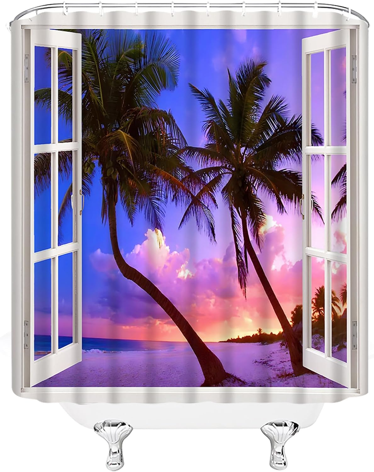 Ocean Beach Palm Tree Shower Curtain Summer Tropical Palm Tree Sunset Sea Coastal Seaside Purple Nature Landscape Fabric Bathroom Decor Curtain with Hooks