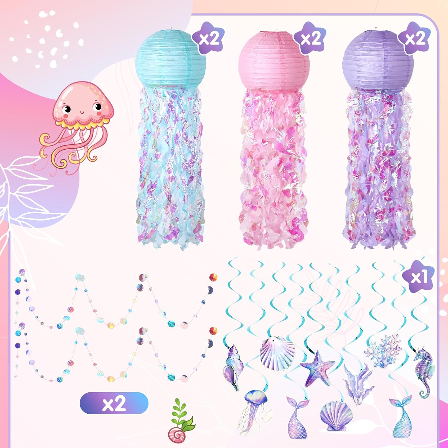 18 Pcs Mermaid Party Decorations Jellyfish Paper Lanterns Hanging Mermaid Garland Under The Sea Ocean Theme Party Supplies for Baby Shower Birthday Classroom Decoration