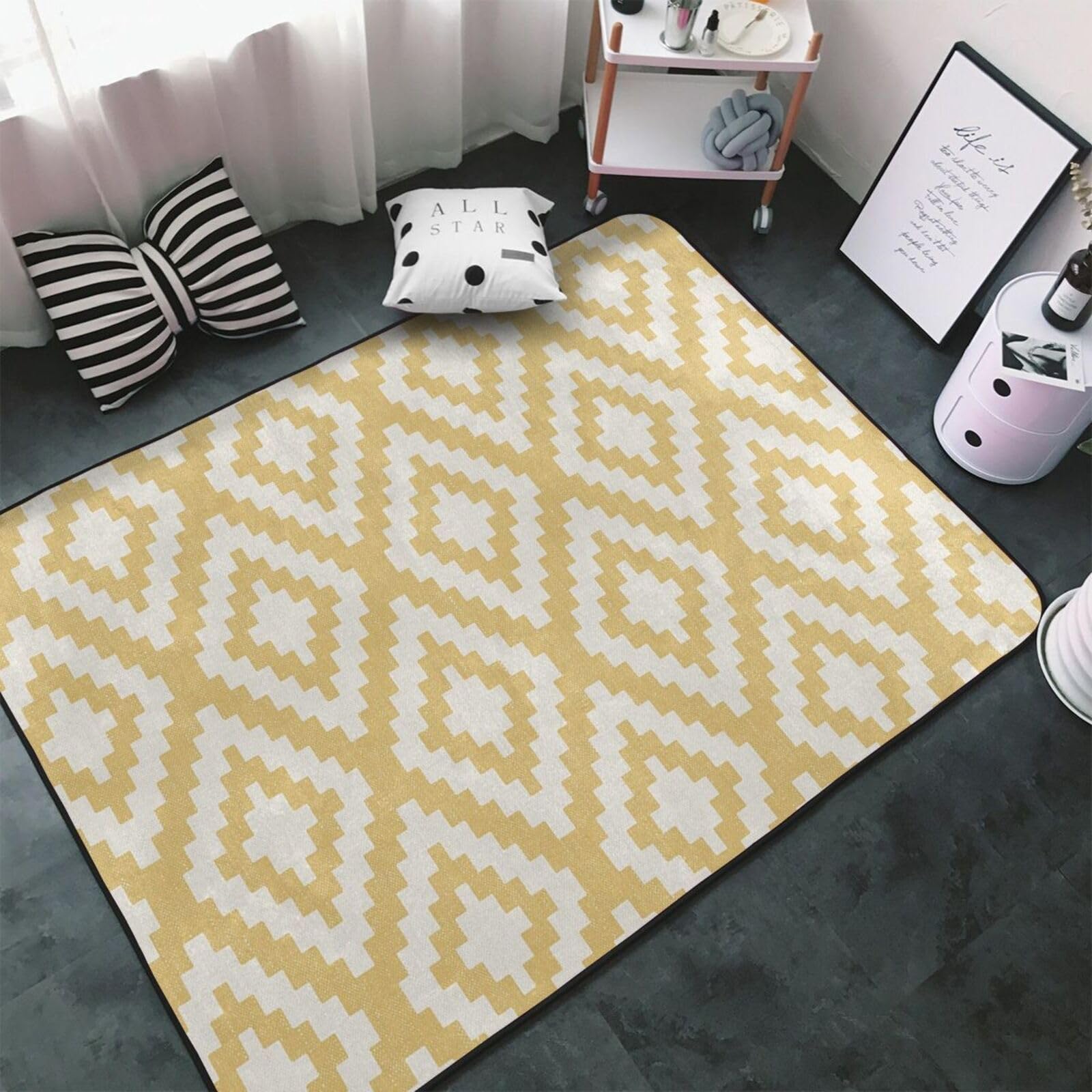 Imprimé géométrique Moutarde, Tapis de Sol antidérapant de Grande Taille pour Salon et Chambre, 150 x 100 cm.