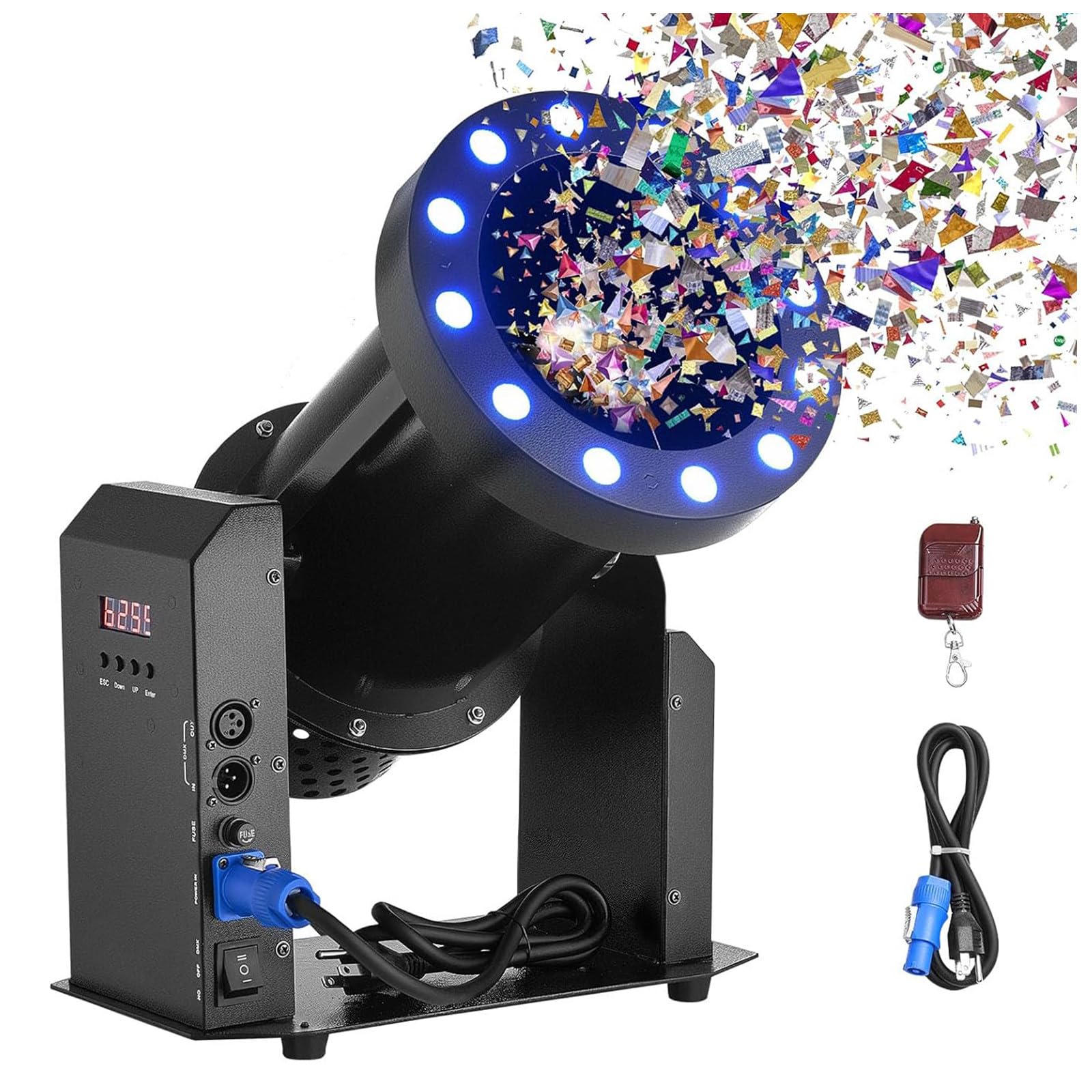ZEEKYFOR Electric Confetti Machine with LED Lights, 1500W Powerful Confetti Cannon Launcher, DMX-512, Manual & Remote Control, for Wedding Christmas Stage Concert