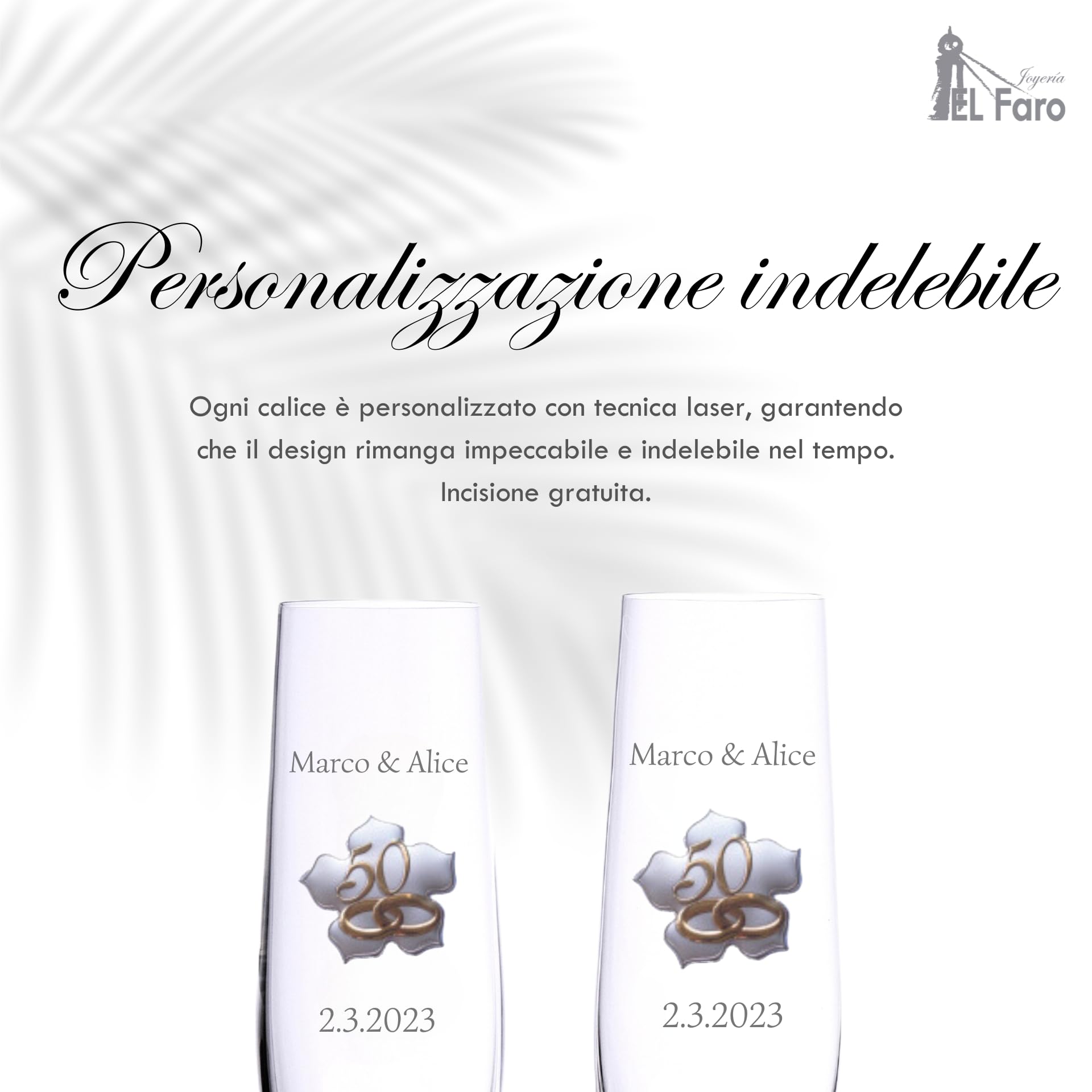 JOYERIA EL FARO - Calici da Champagne Personalizzati per Nozze d'Oro – Set di 2 Calici con Piastra Dorata a Forma di Foglia – Cofanetto Premium di Gioielleria – Regalo per il 50° Anniversario di
