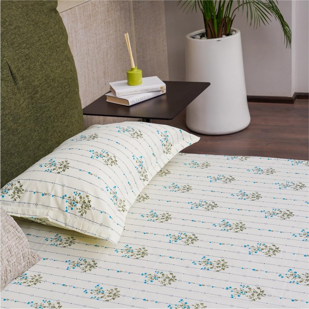 Urban Space Serene 100% Cotton 200 TC Bedsheet for Double Bed, Bedsheet Queen Size Cotton, Double Bedsheet Cotton with 2 Pillow Covers (Size 88 x 100 inches, Sedum Blue)