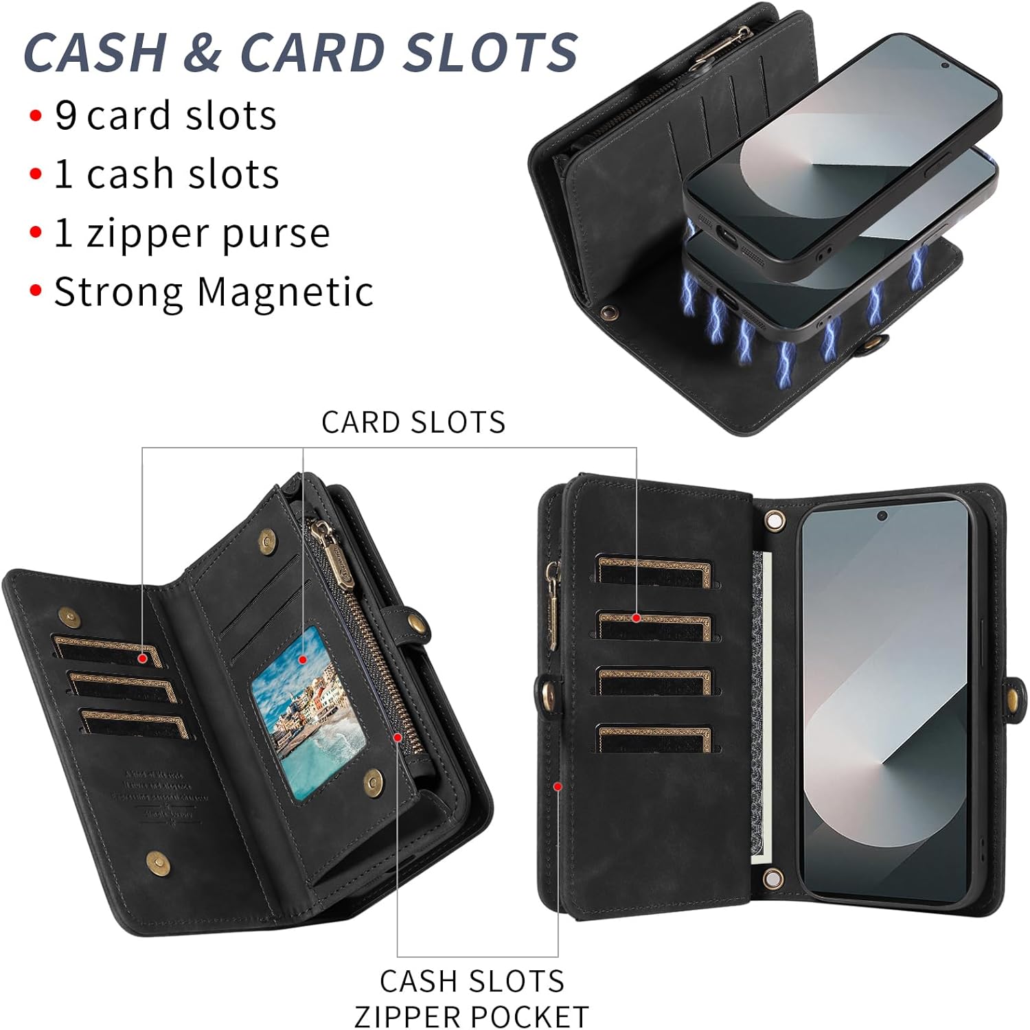 Asuwish Phone Case for Samsung Galaxy Z Fold 6 5G 2024 Zipper Wallet Detachable Cell Cover with Tempered Glass Screen Protector Crossbody Strap Flip Card Holder ZFold6 Z6 G Fold6 6Z Women Girls Black