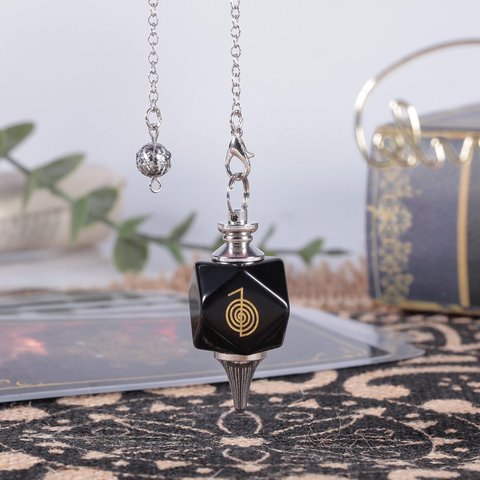 mookaitedecor Péndulo de cristal natural con símbolo reiki para radiestesia y adivinación, péndulo poliédrico de piedra de cristal reiki con cadena para meditación y herramienta wicca, Obsidiana negra