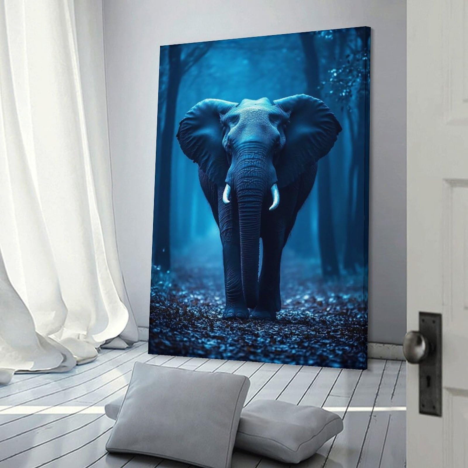 Junmoney Frame-Style-19 Wall Picture Print Blue Elephant In Forest, 24X36inch(60X90cm), For Apartments, Flats Or New Home Decor, A Simple Refresh For Blank Walls