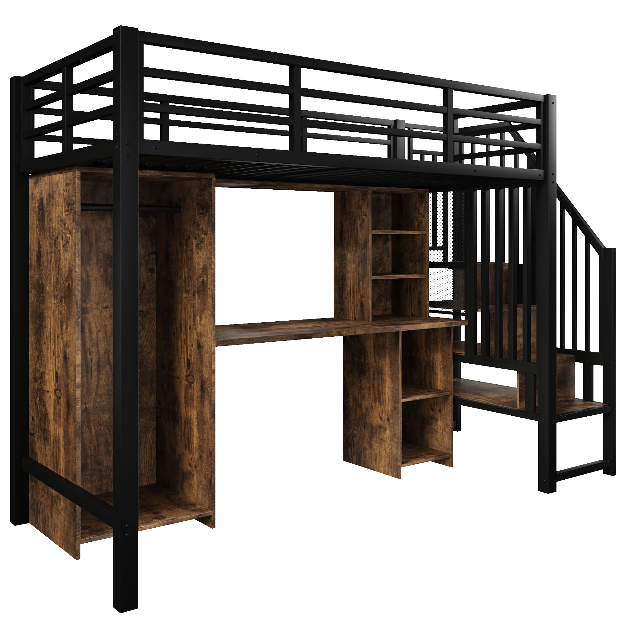 Azkoeesy Letto a Soppalco Cameretta con Scrivania, Armadio, Scala Salvaspazio di Sicurezza con Mensole Integrate, Libreria a 4 ripiani, Singolo in Metallo, per Adolescenti e Adulti, 90 x 200 cm, Nero