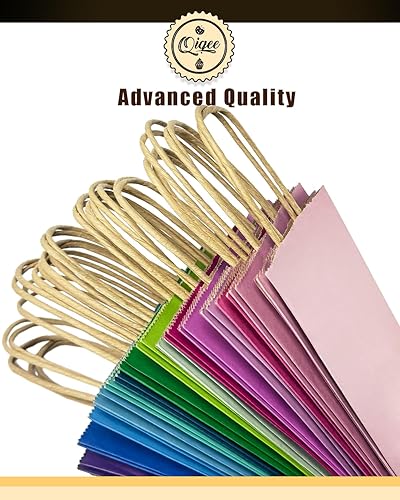 Miniatura 4 de qiqee 60 bolsas de papel kraft con asas de 7.6 x 4.75 x 10.5 pulgadas, bolsas de papel de regalo medianas 16 bolsas de colores sólidos profundos