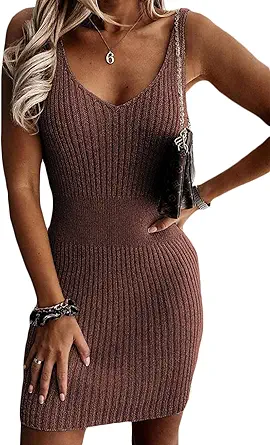 Sidefeel Womens 2023 Summer Sexy Ribbed Bodycon Tank Dresses Basic V Neck Sleeveless Knit Club Mini Dress