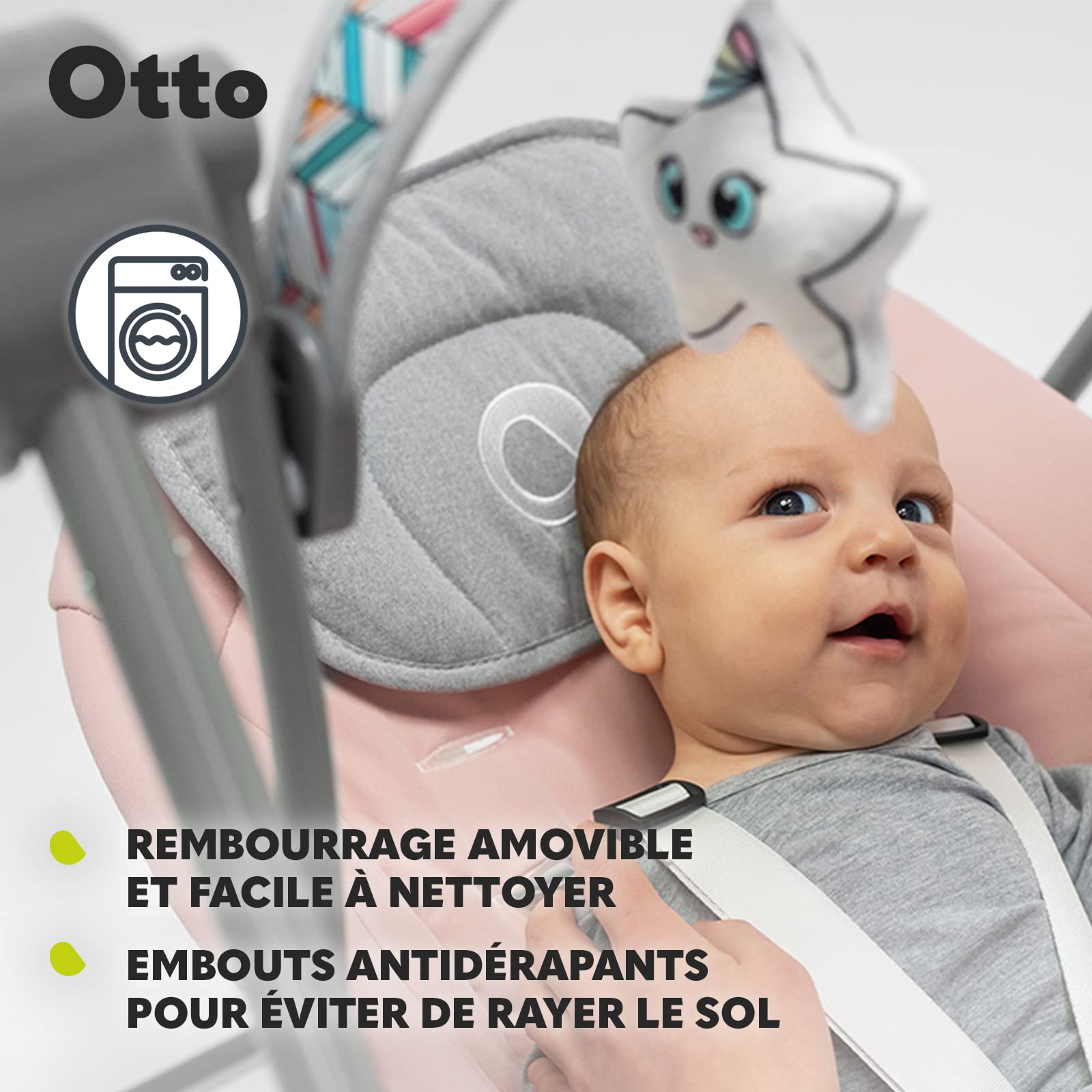 LIONELO Otto transat Bebe balancelle Bebe jusqu'à 9 kg, Jouets interactifs, Sons de la Nature, 5 Vitesses de bercement, Coussin pour la tête, Fonctionnement Silencieux