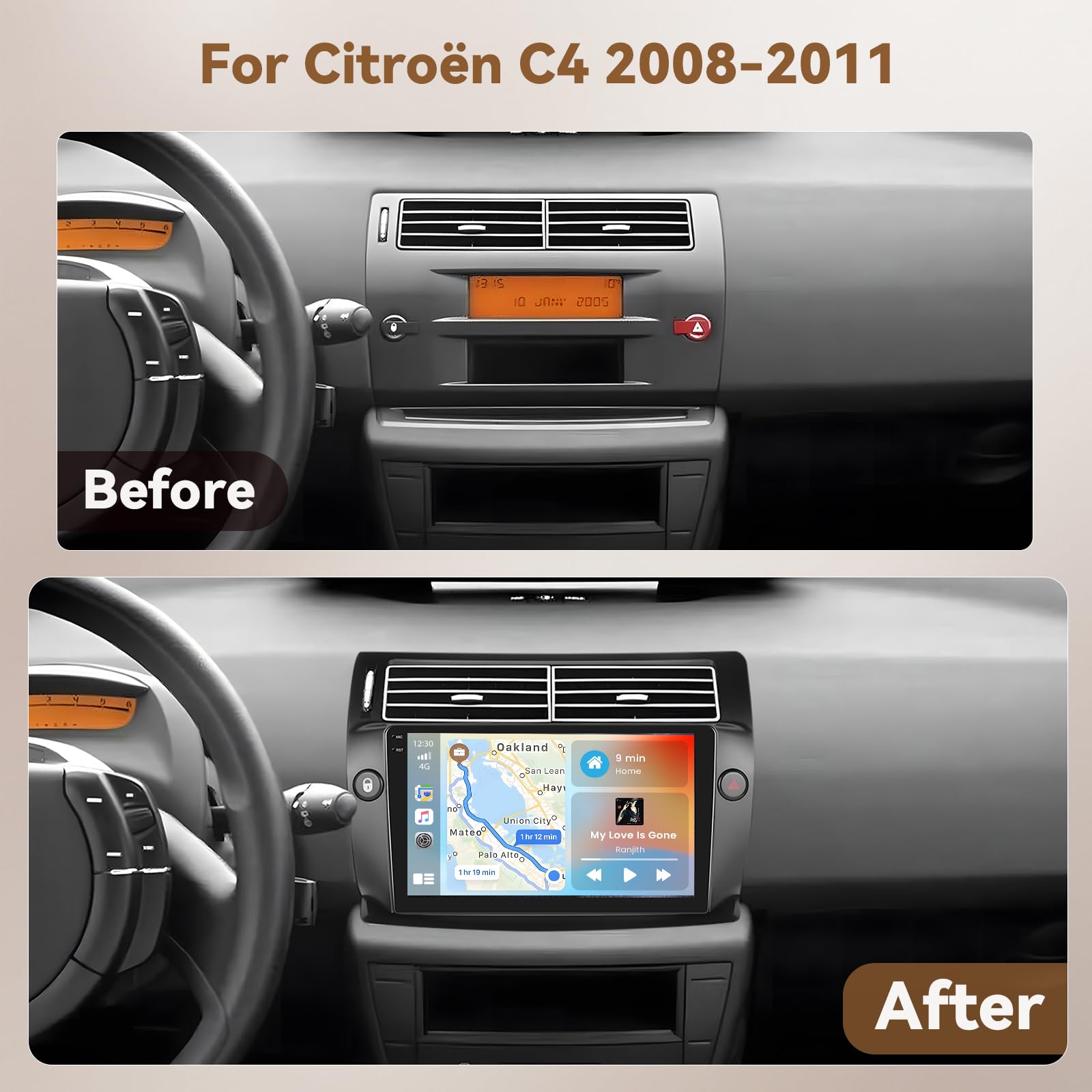 Hikity 4G+64G Android 15 Radio Coche Citroën C4 2008-2011 9" CarPlay