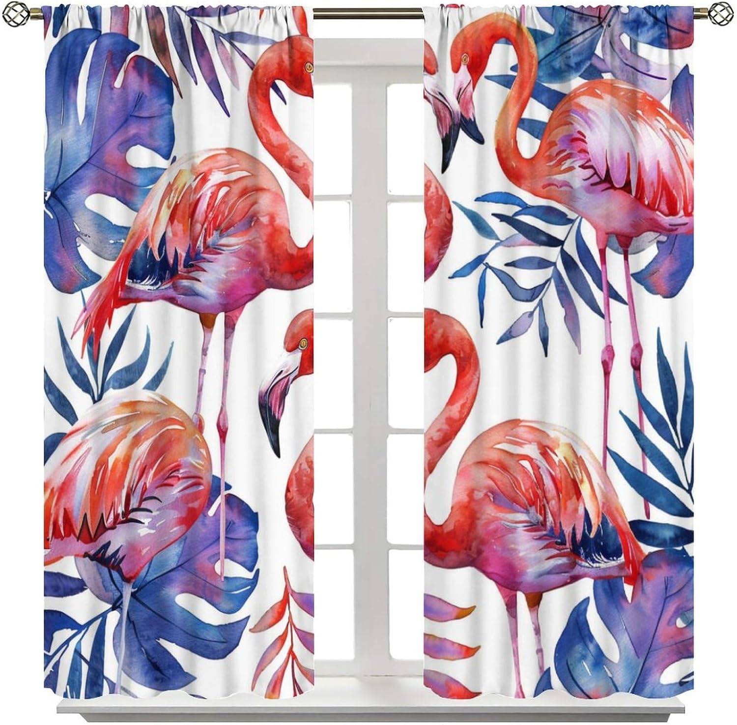 Watercolor Flamingo Blackout Curtains for Bedroom Living Room, Rod Pocket Abstract Bird Palm Leaf Curtains Thermal Insulated Window Drapes 2 Panels, Each 42W x 84L