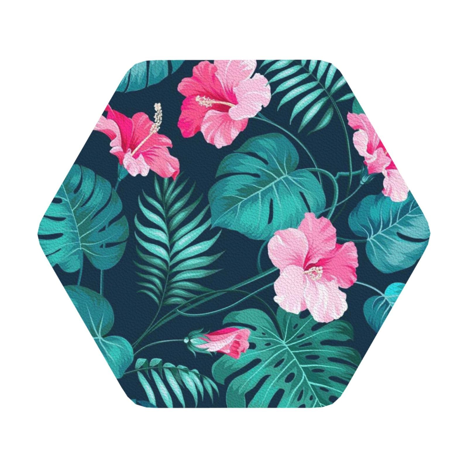 Hawaii Pink Flower PU Leather Coasters Set of 6 Hexagon Drink Coasters
