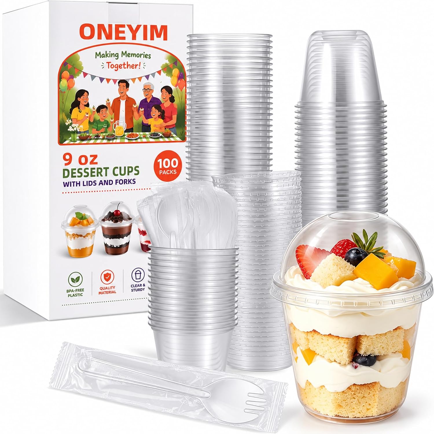 [100 Packs] 9 oz Disposable Dessert Cups with Dome Lids and Sporks