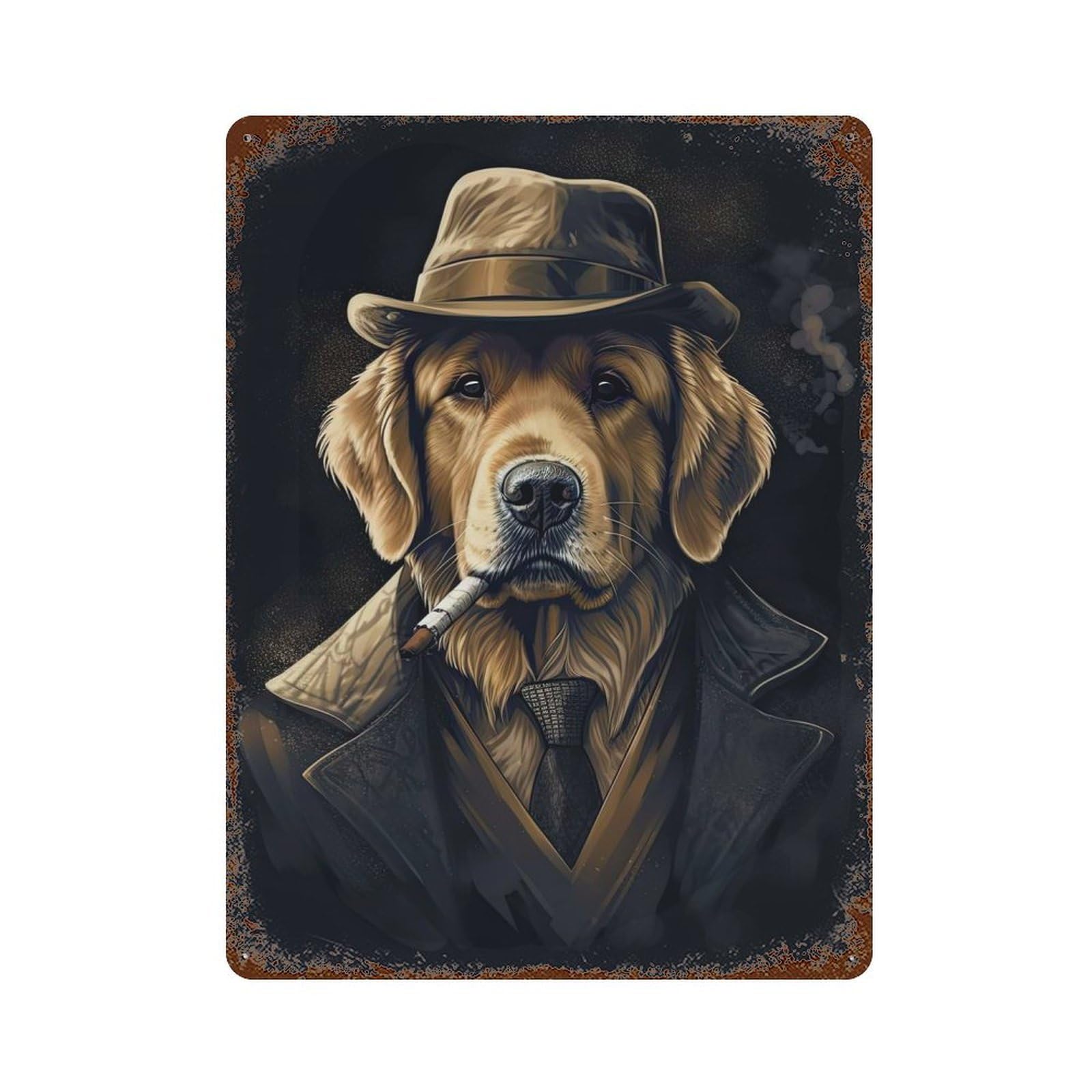 Golden Retriever Gangster Rust Effect Tin Sign 15.7"x11.8", Industrial Home Decor for Bistro, Counter And Cafe Decor