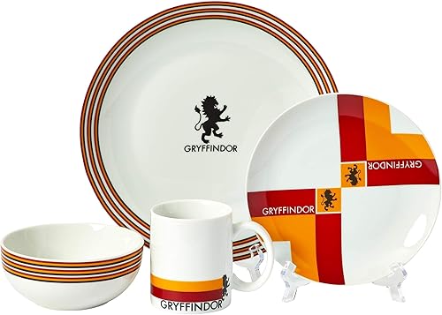 Harry Potter Gryffindor - Juego de vajilla de porcelana de 16 piezas para 4 personas, incluye 4 platos llanos, 4 platos de ensalada, 4 cuencos y 4