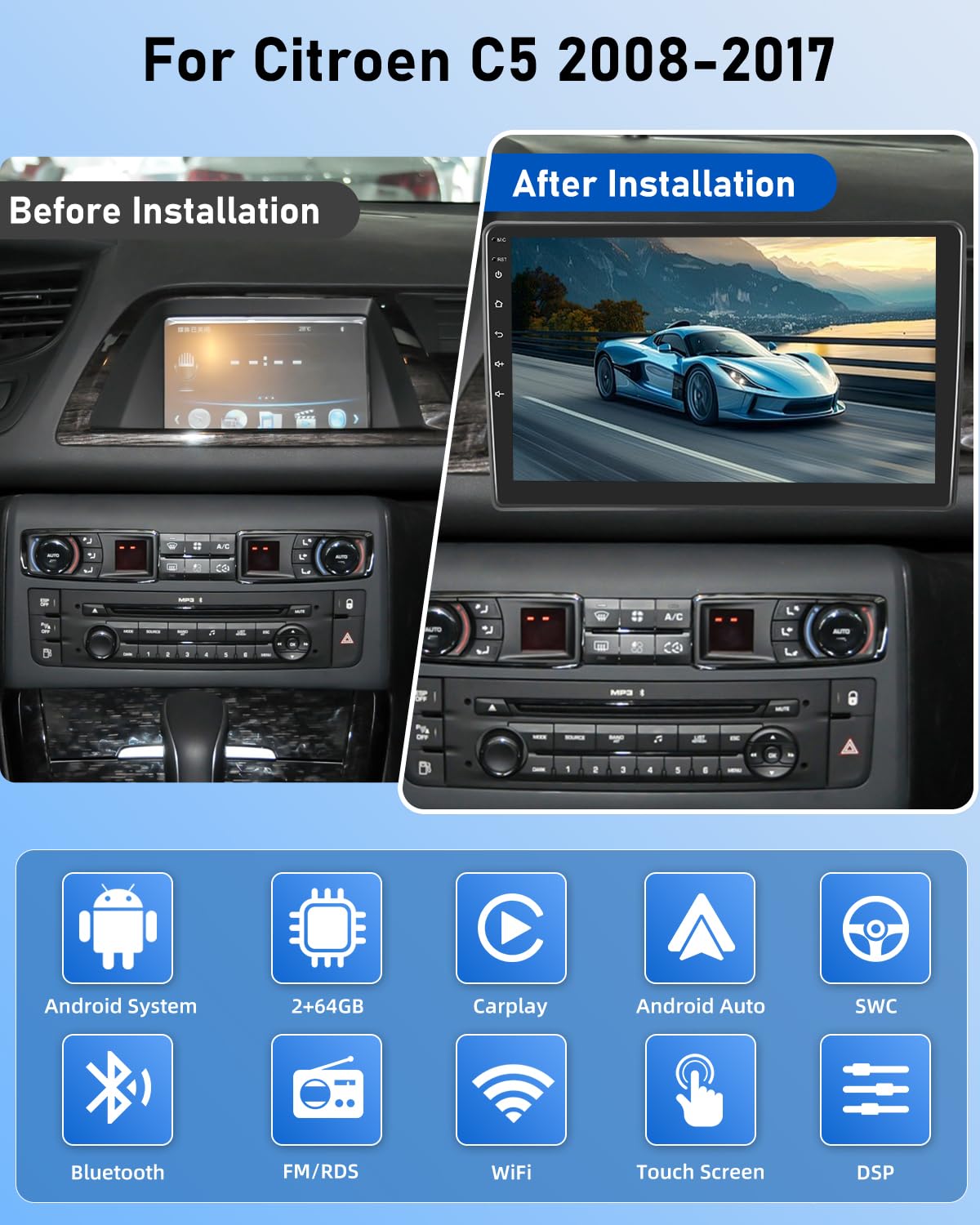 NHOPEEW Autoradio Android 2G+64G pour Citroen C5 2008-2017 - sans Fil Carplay & Android Auto - Stéréo Android 10 Pouces avec WiFi EQ GPS Mirror Link FM RDS + AHD Caméra de recul&Mic