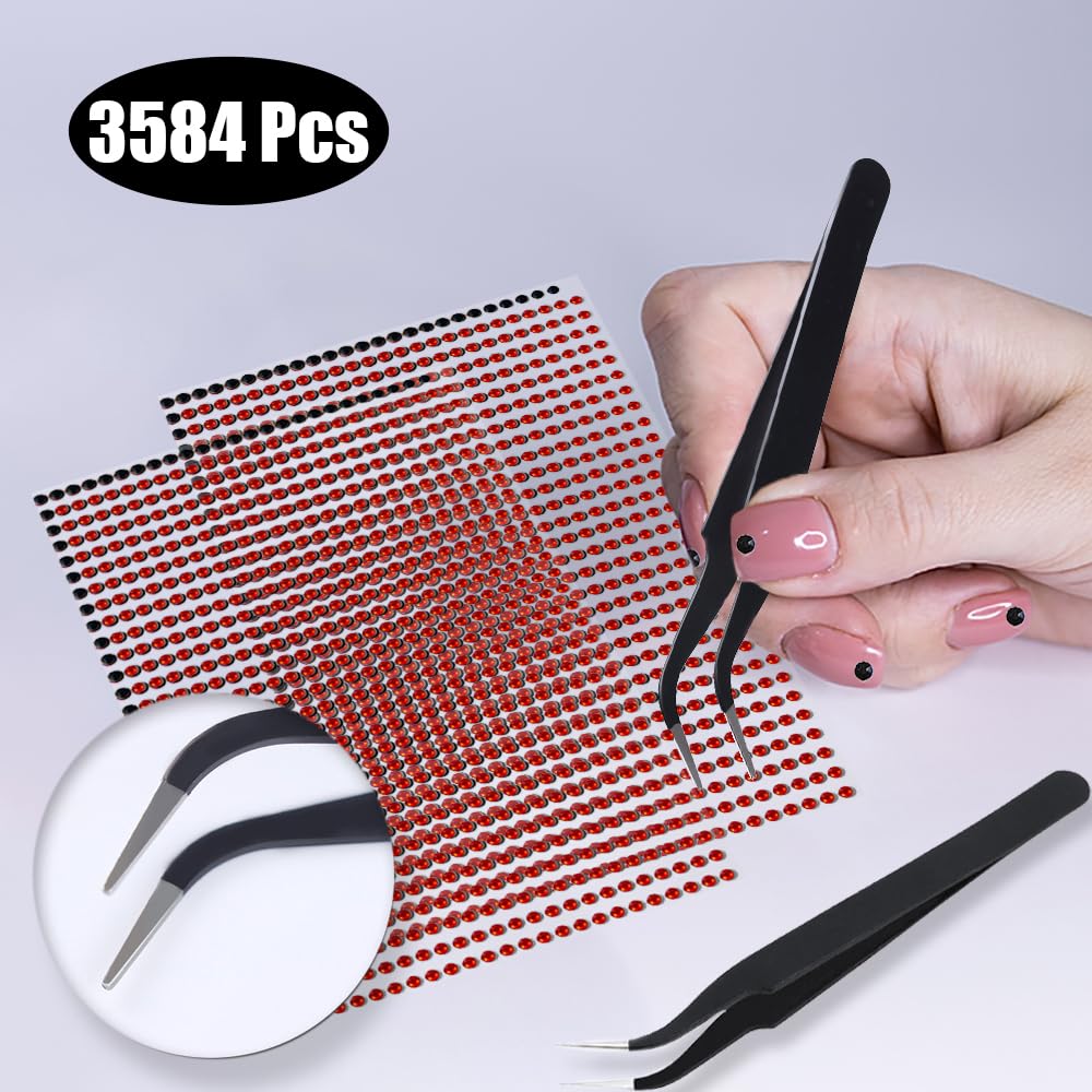 3584 Pièces Strass Autocollant, Strasss Adhesif Rond avec Pincettes Autocollants Strass Rouges et Noirs pour DIY Artisanat les Vêtements d'Artisanat d'Art d'Ongle (3/4/5/6mm)