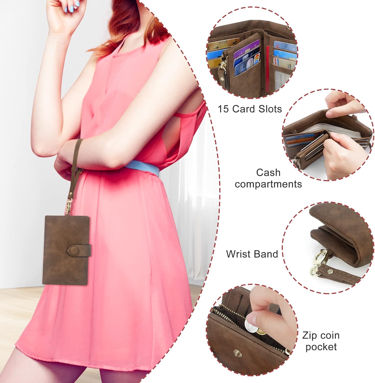 RFID Wallets for Women, Large Capacity Faux Suede Leather Small Womens Wallet with Wristlet (Brown) - Image 2
