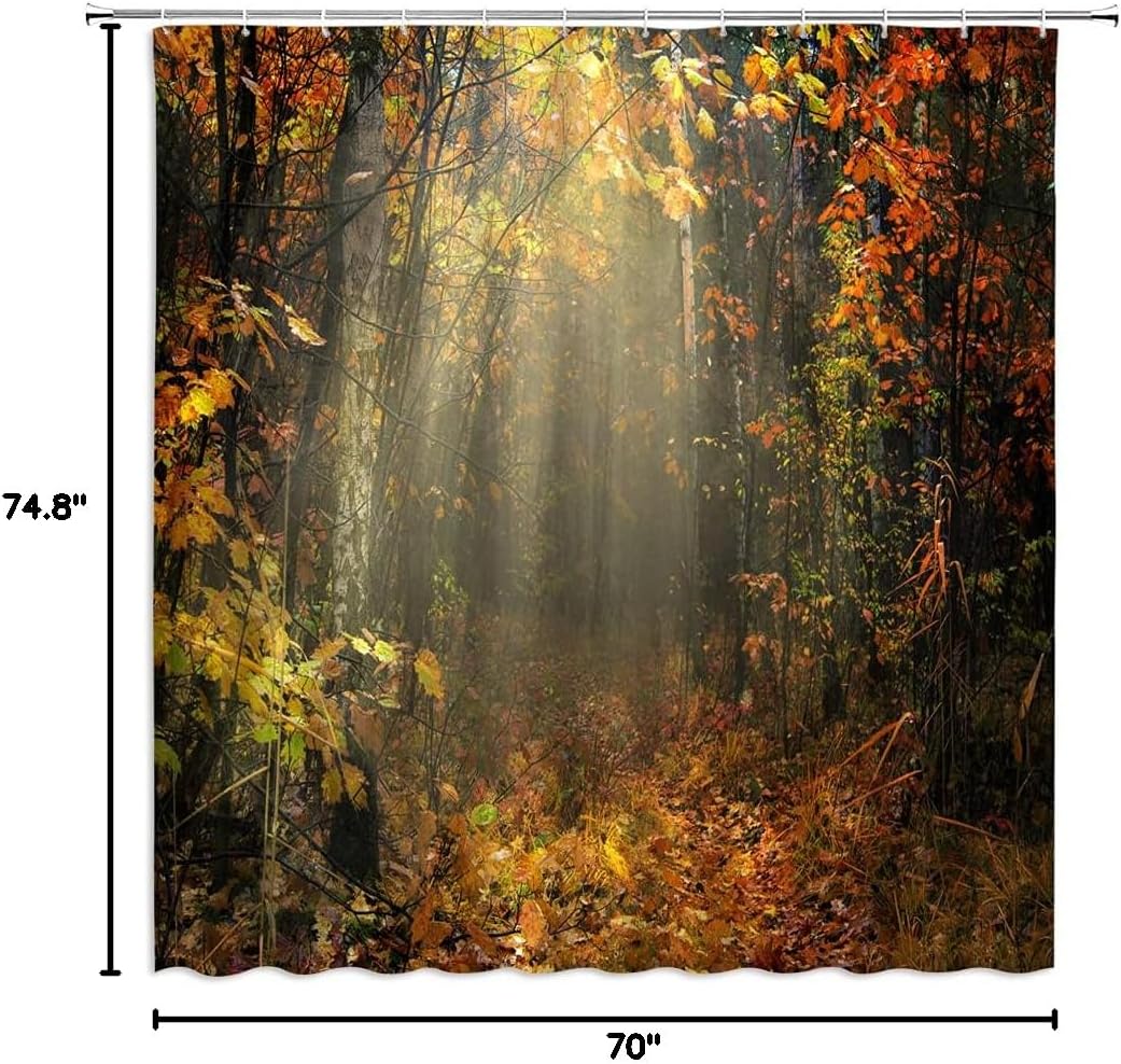 Fall Forest Shower Curtain Autumn Tree Sunshine Branches Fallen Leaves Mysterious Nature Plant Fabric Bathroom Decor Set with Hooks(70" Wx74.8 H)
