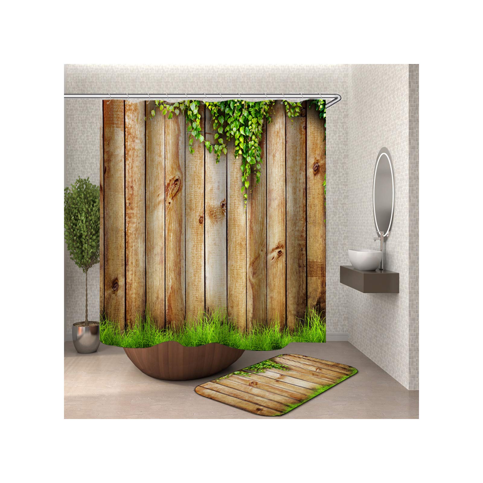 Lot Tapis Salle de Bain Rideau de Douche Impermeable Anti Moisissure 3D