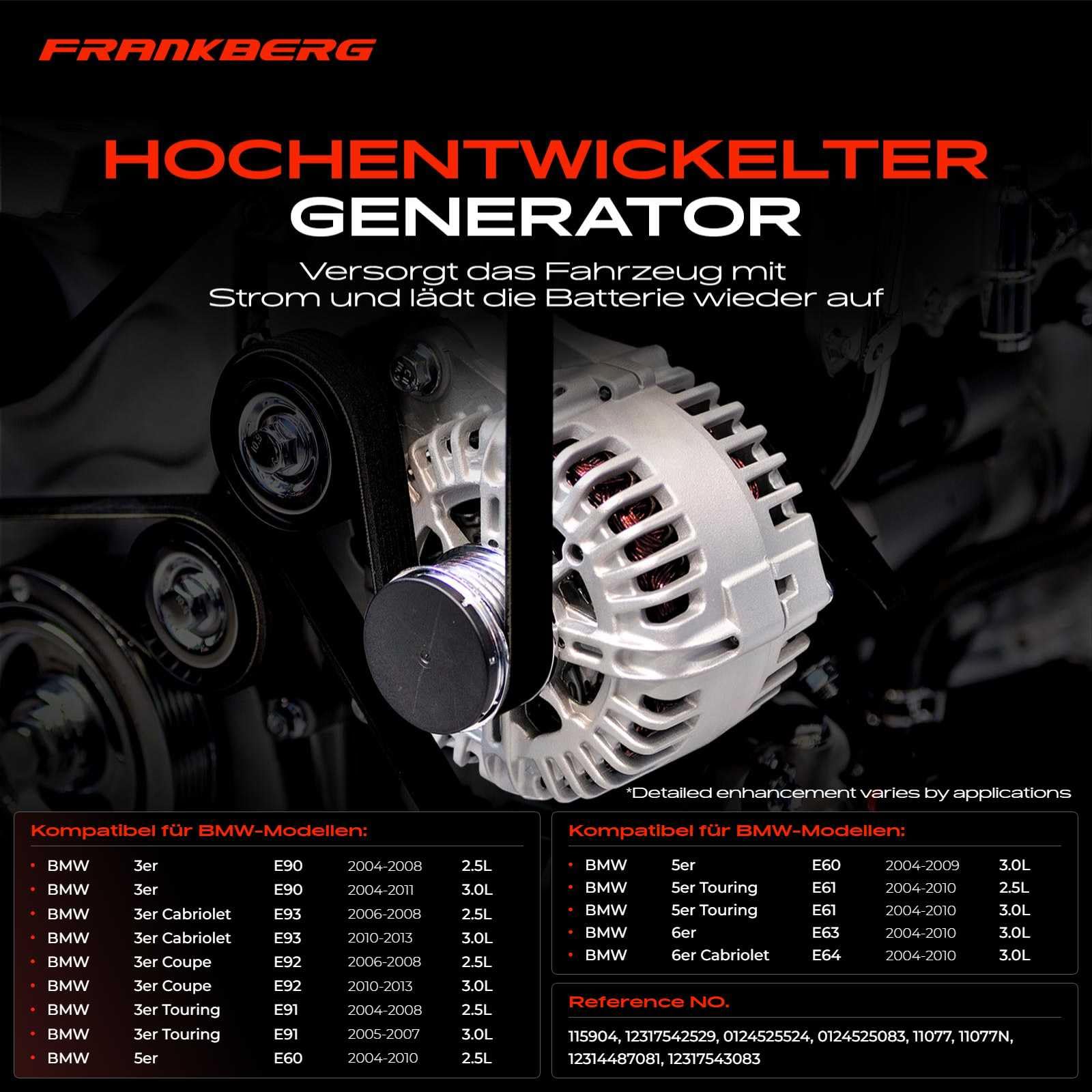 Frankberg Lichtmaschine Generator Kompatibel mit 3er E46 316 318 1.6L-2.0L 2001-2005 5er E60 520 523 525 530 2.0L-3.0L 2004-2010 5er Touring E61 525 2.5L 2004-2010 Replace# 12317543083