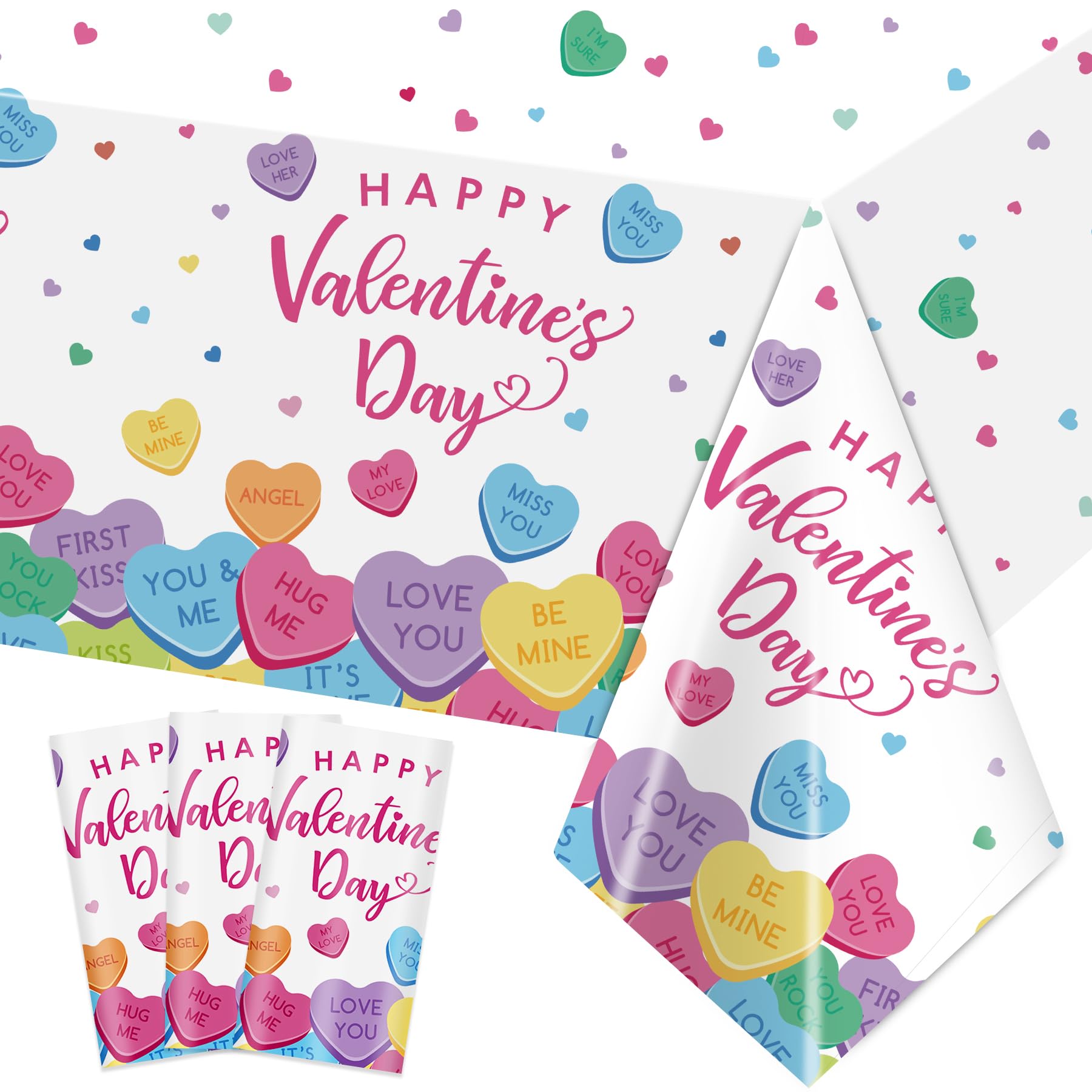 Lianxuia 3Pcs Valentines Day Tablecloth, 54 x 108 Inch Conversation Hearts Plastic Table Cover, Colorful Love Heart Tablecloth for Wedding Anniversary, Valentines Day Decorations