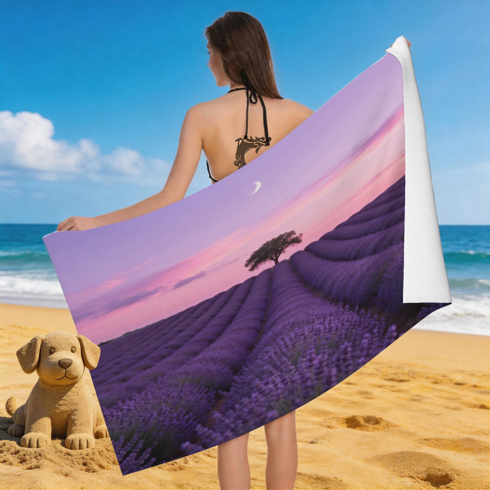 Leichong Men's Purple 3D Lavender Beach Towel Microfiber Soft Quick Dry For Adults, Romantic Scenery Bath Towel Lightweight Soft Absorbent For Travel Swimming Pool Sports, 75 X 150 Cm