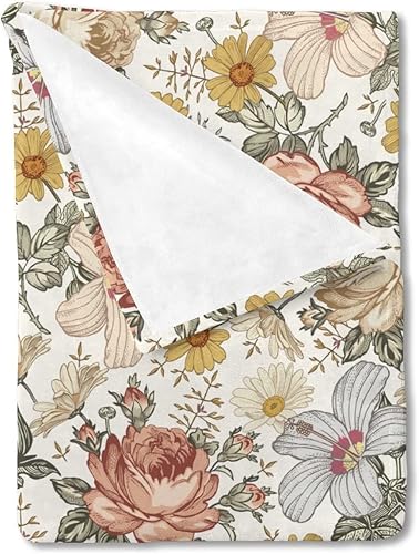 HawSkgFub Manta de bebé bohemio retro con peonía floral para niñas, color beige, bohemio, margarita, franela de forro polar, manta de cama para