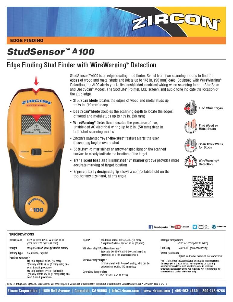 Zircon StudSensor A100 Wall Scanner and Center/Edge Locating