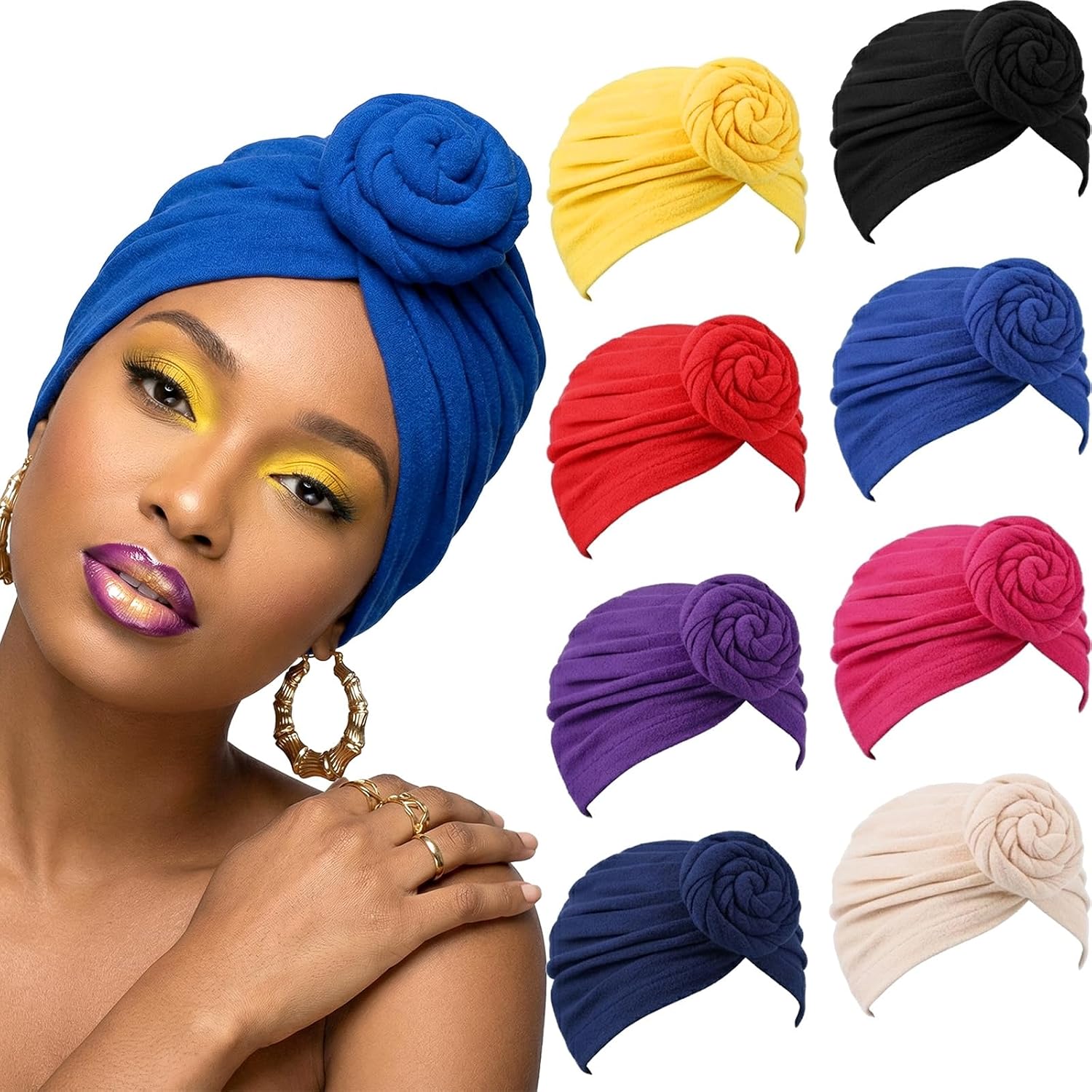 8 Pcs Women Turban African Pre Tied Bonnet Hairwrap Flower Knot Bonnet Beanie Cap Turban Head Wraps Headband Hat, Stretch Turbans Caps for Chemo Hair Loss, Head Scarf Beanie in 8 Colors
