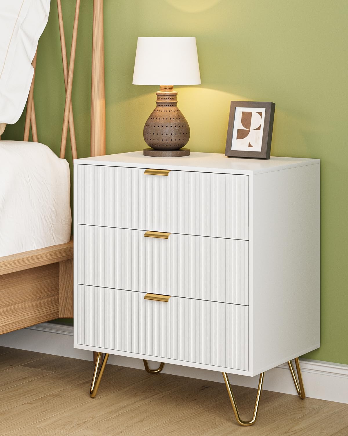 Apetaccat Nachttisch Kommode Schlafzimmer, 3-Schublade Kommode, 60x40x70cm, weißer Nachtschrank mit Metallgriffen, für Schlafzimmer Wohnzimmer, Flur Küche, Haushalt & Wohnen