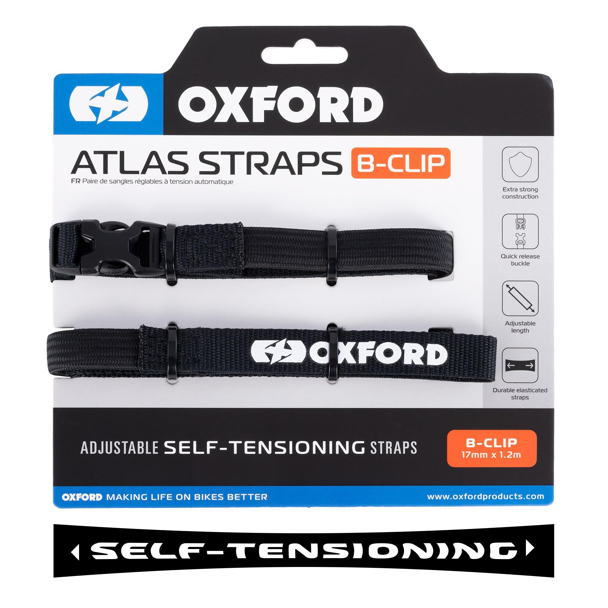 Oxford Atlas B-Clip 17mm x 1.2m (Pair) - Black Motorcycle Tie Down Straps