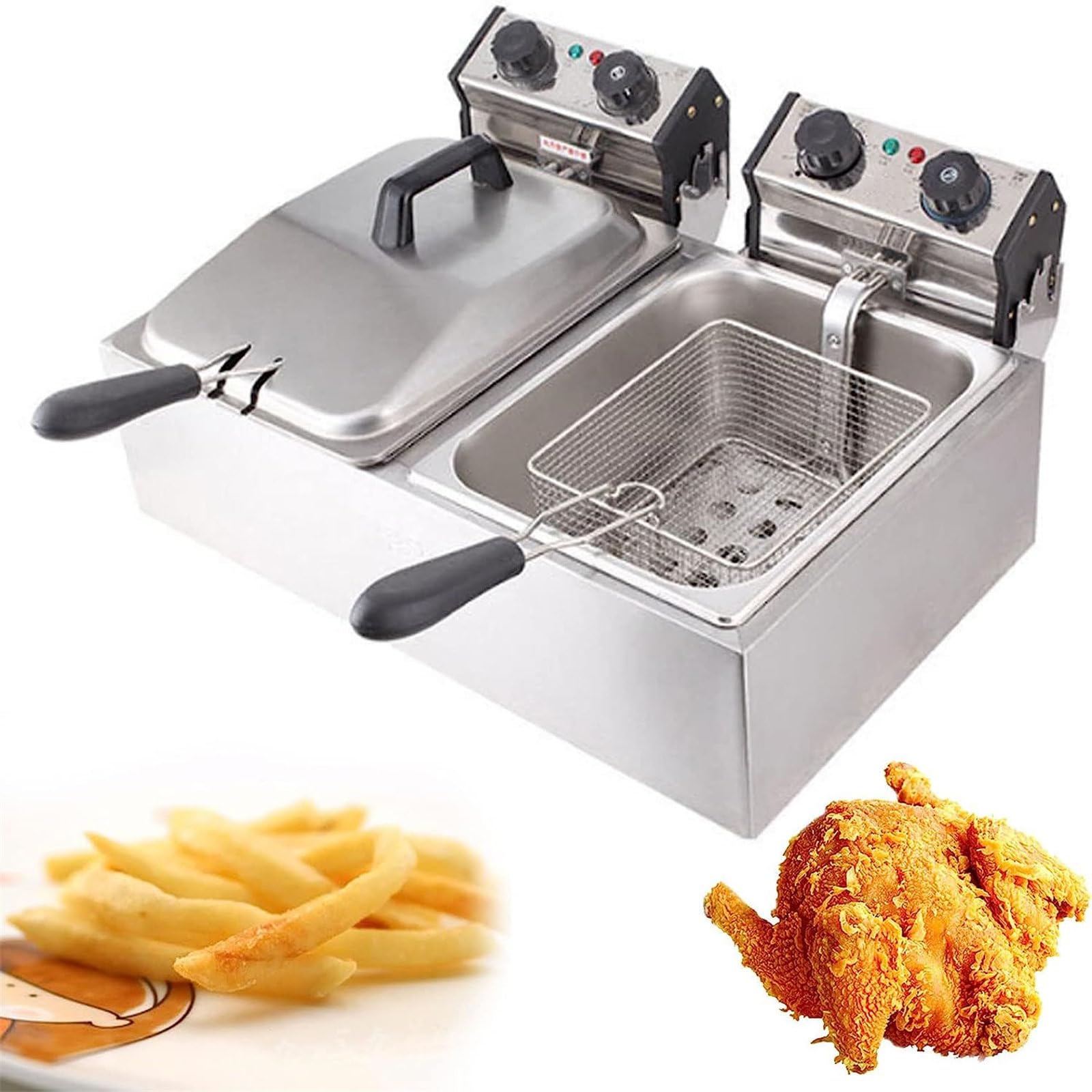 HCZKIUJY Electric Deep Fat Fryers,Large Stainless Steel Commercial Chip Pans, No Fumes Fryer With Baskets Lids, For French Fries Chicken Shrimp (6L*2)