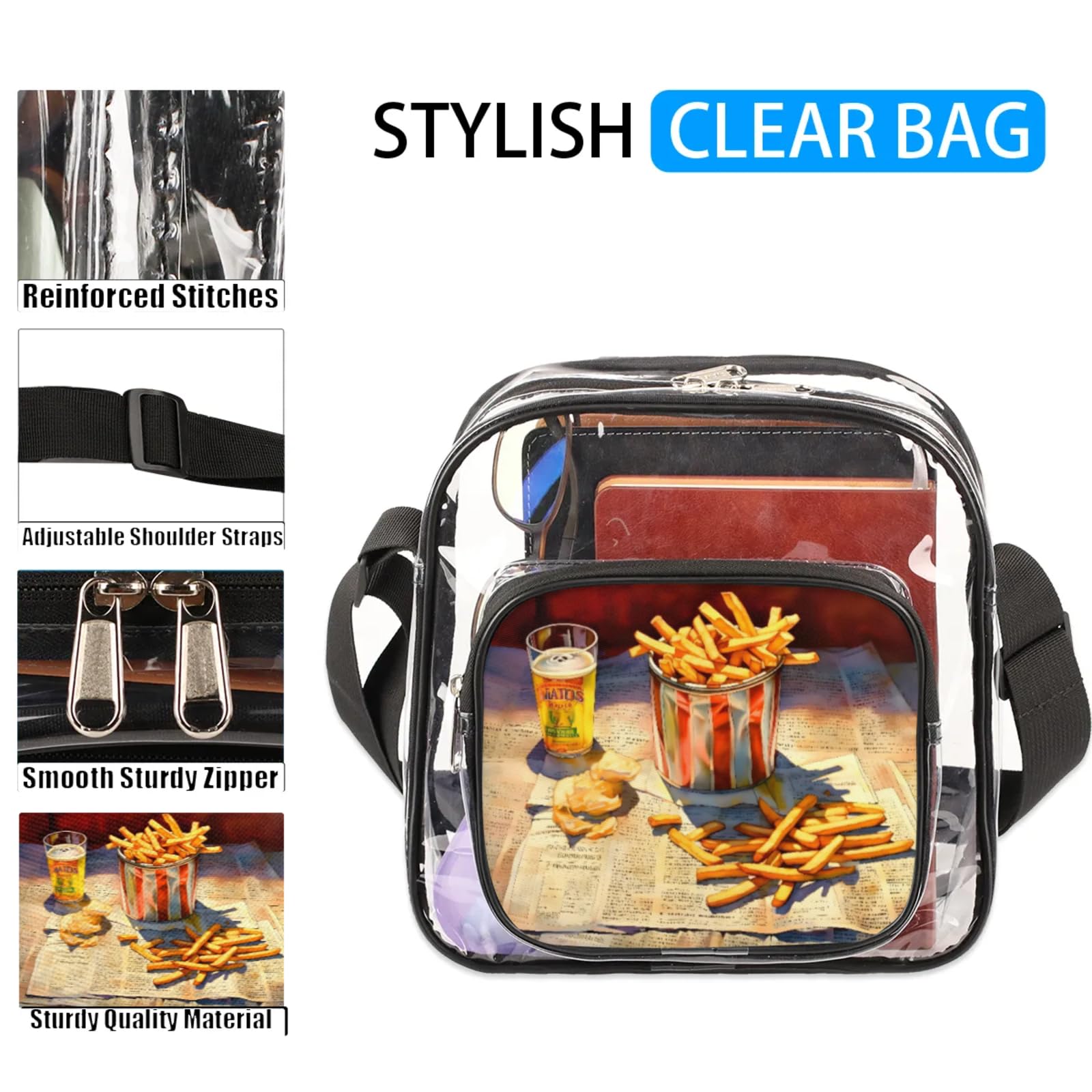 Clear Crossbody Bag Stadium Approved Fries Food Transparent Bag for Festivals, Sports Events, Concerts,Beach Bag for Women Men Clear Purse with Front Pocket Messenger Bag with Adjustable Strap