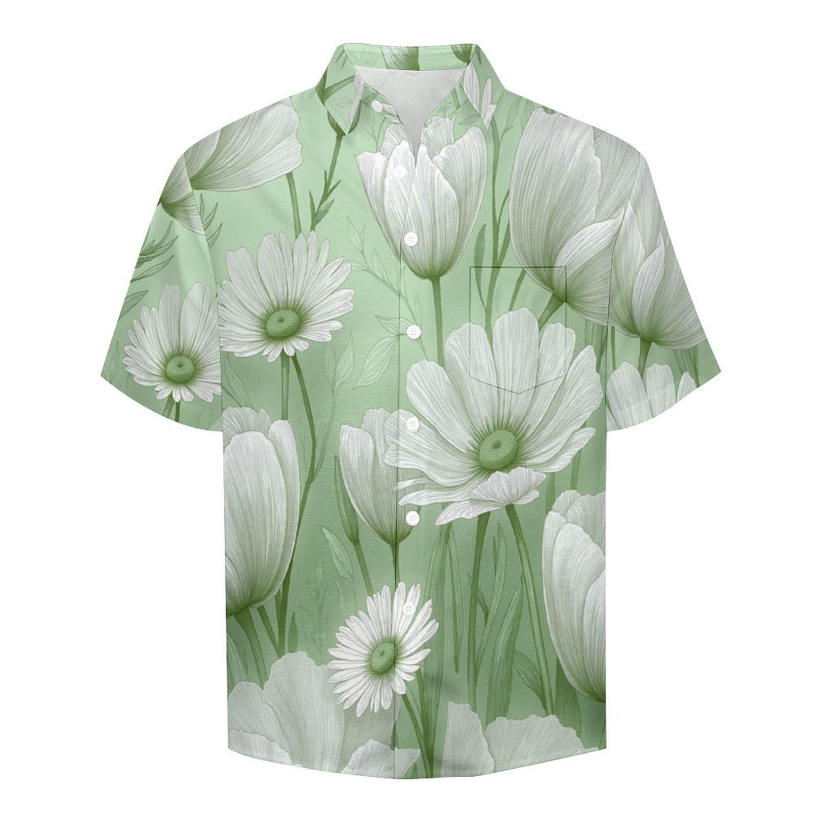 Camicia da Uomo a Maniche Corte con Bottoni, Stile Fiori Dipinti A Mano con Stampa Tulipani Margherite, vestibilità Regolare, Camicie da Spiaggia Estiva Hawaiano, Aloha