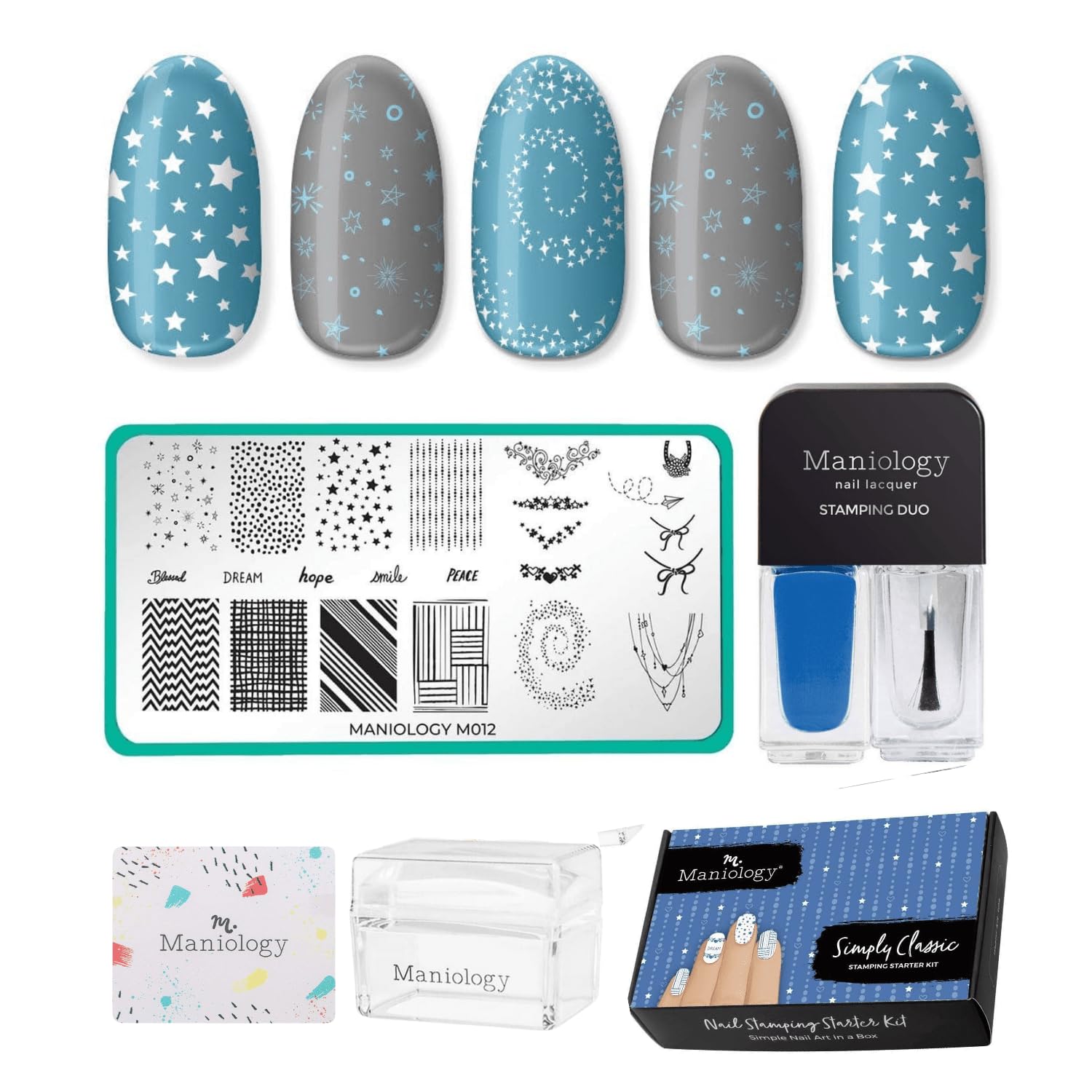Maniology Nail Stamping Starter Kit (Plate, Polish, Top Coat, Stamper and Scraper Card) (Simply Classic)