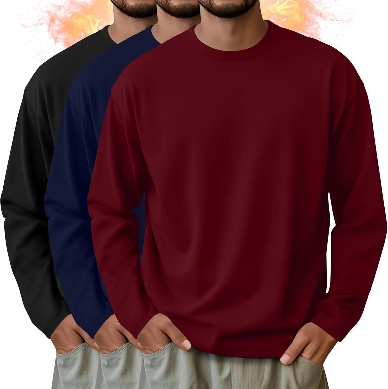 3 Pack Mens Long Sleeve Shirts Crew Neck Thermal T-Shirt Thick Pullover Basic Tops ...