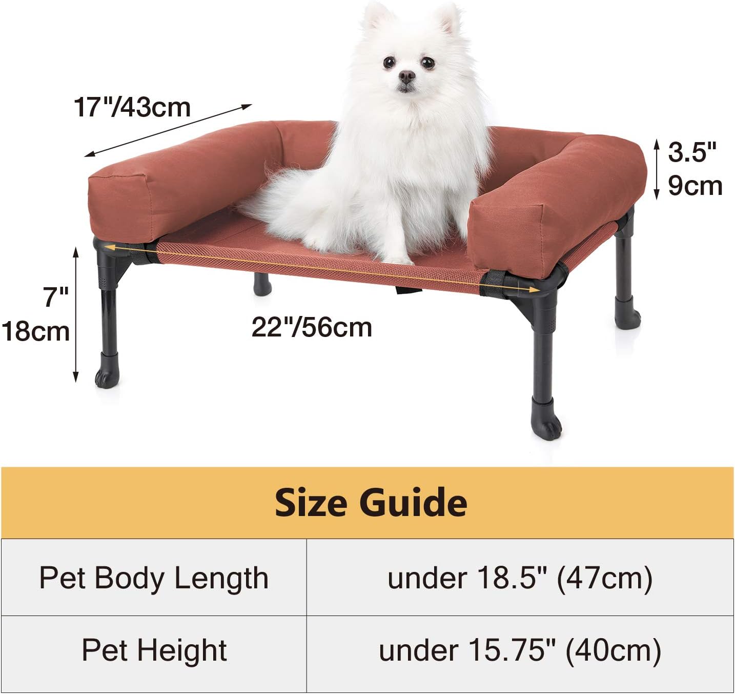 Veehoo Bolster Elevated Dog Bed – Cooling Raised Pet Bed Chew Proof Textilene Mesh, Durable & Washable Pet Cot, Pet Sofa Lounger Beds, Small, Orange Red