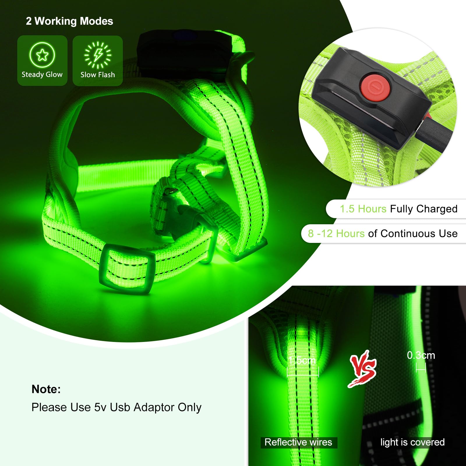 Arnés iluminado para perros pequeños recargable, arnés de chaleco LED para perro, arnés ajustable iluminado que brilla en la oscuridad, para cachorros, seguridad nocturna, caminar,