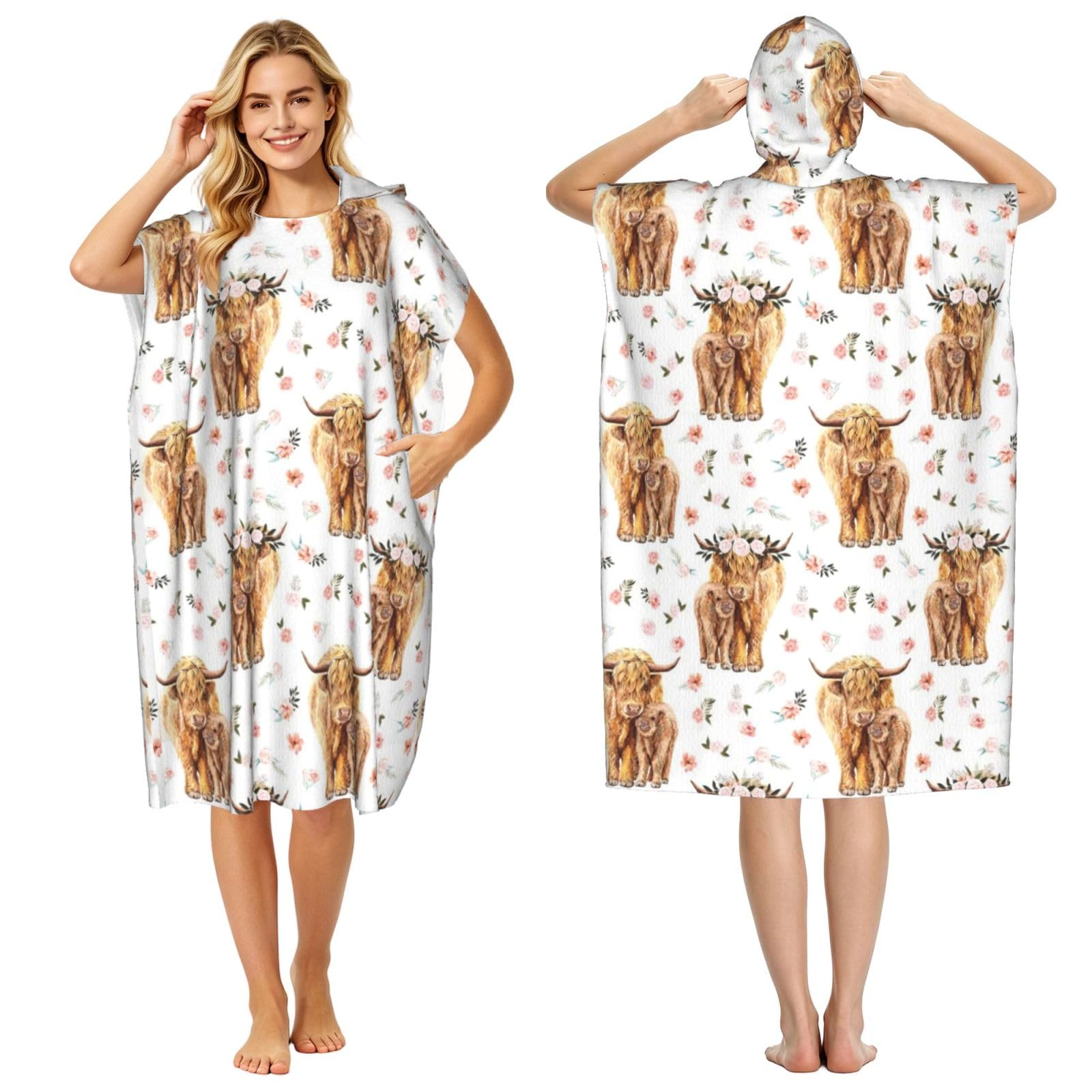 Poadnly Spring Pink Floral Scottish Highland Cow, Adult Hooded Beach Towel 90 x 110 cm,Changing Bath Robe, Surf Poncho Towel For Women Men