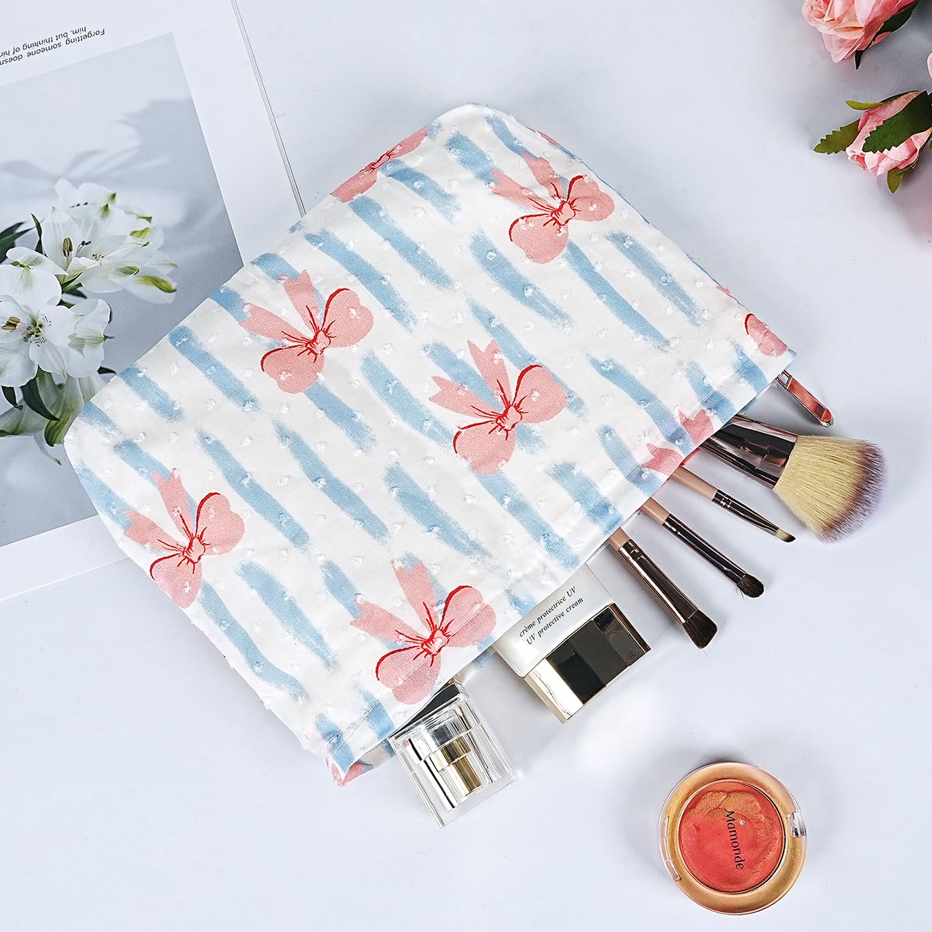 Large Makeup Bag for Purse Blue Stripe Pink Bow Cosmetic Bag for Women Girls Cute Pink Bowknot Canvas Travel Toiletry Bag Organizer - Image 3