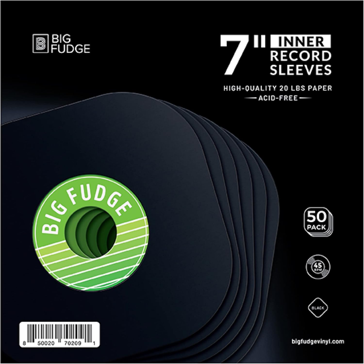 Big Fudge Vinyl Record Inner Sleeves - LP Album Covers in Heavyweight & Acid Free Paper - Protective Cover with Round Corners for 12" Records - Black, 50 Pack